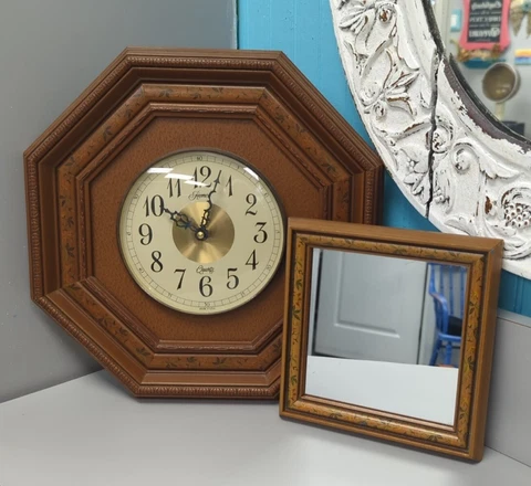Homco Quartz Clock Wood-Look Octagon w/ Matching Square Mirror Floral Designs Cover