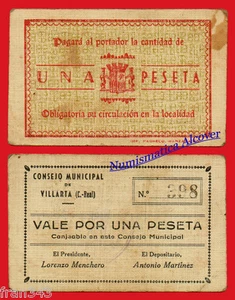 RARO Billete local VILLARTA Ciudad Real 1 Peseta 1937 BC / F - Imagen 1 de 1