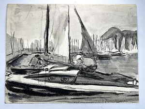 Vtg Impressionism Watercolor Painting Ships Harbor 11x14” Sailboat Marinara B&W - Picture 1 of 10