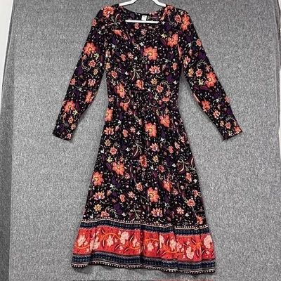 Old Navy Dress Womens Medium Black Floral Boho Long Sleeve Midi Rayon India Fall - Image 1 of 4