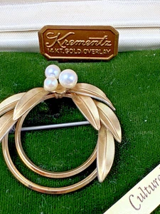 Pin Brooch Vtg Krementz 14kt Gold Overlay Cultured Pearls Original Box Signed - Picture 1 of 13