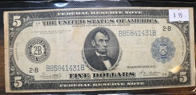 1914 United States Large Federal Reserve Note $5 (Blue Seal, New York) Fr. 850 - Image 1 of 2