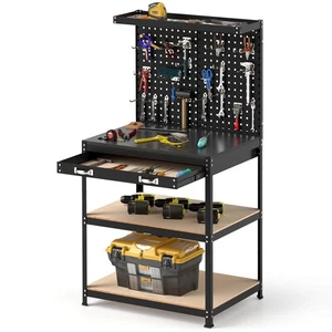 32" x 16" Workbench with Pegboard 20PCS Tool Hooks Drawer and Open Shelves - Picture 1 of 10