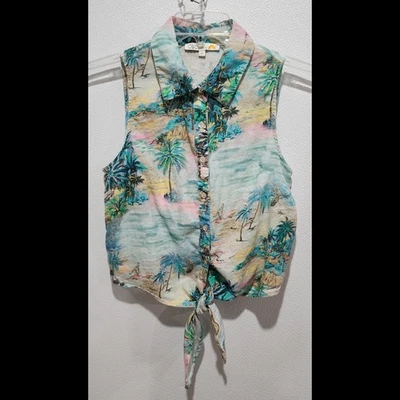 C + C California Linen Blend Top Sz Medium Tie Button Front Tropical Beach flaw - Image 1 of 4