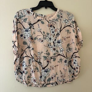 Lucky Brand Bird & Blossom Print Blouse Pink Floral Boho Top Size Small - Picture 1 of 4