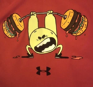 Under Armour Youth Boys Red T-Shirt Large Novelty Print Hamburger Lifting Weight - Picture 1 of 6