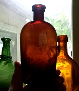 1860s RED AMBER STODDARD CUP BASE 1/2 PT SIDE SEAM FLASK CRUDE GLASS DRIPPY LIP - Picture 1 of 9