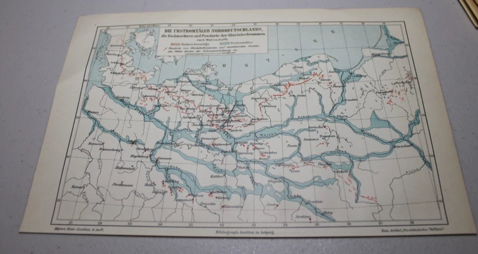 c1899 Meyers Universum COLOR Map ~ GLACIAL VALLEYS OF NORTHERN GERMANY - Image 1 of 1