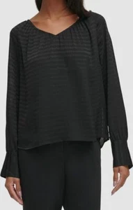 Calvin Klein Women's Black Textured V-Neck Wide Cuff Blouse Top Size L - Picture 1 of 3