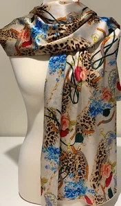 100% Mulberry Silk Satin Scarf Peach Roses & Leopard On Champagne - 65x190cm - Bild 1 von 12