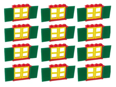 ☀️LEGO RED Window 1x4x3 w/ 2 YELLOW Half Panes & 2 GREEN SHUTTERS x12 Town City  - Image 1 of 4