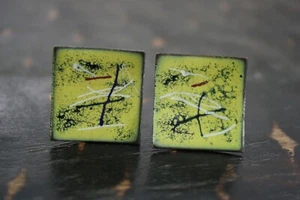 Vtg Yellow/Blue/Red Enameled Splatter Design Hand Made Lg Square Cufflinks GUC - Picture 1 of 9