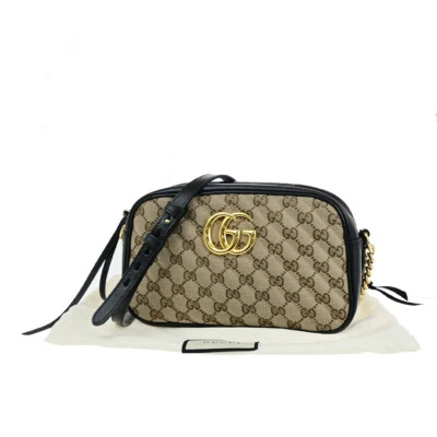 Bolso de Hombro GUCCI Marmont GG Patrón Cadena Cuero Lona BN BK GHW 673RK031 Foto 1 de 4