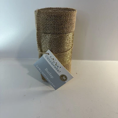 NWT Celebrate It Beige Burlap w Gold  Mesh 5.5in x 10ft - Image 1 of 3