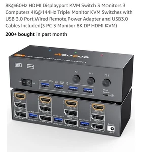 KVM Switch 3 Monitors 3 Computers 8K@60Hz 4k@144Hz HDMI 4 USB 3.0 Ports - Afbeelding 1 van 10