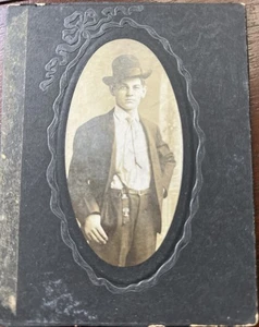 Photo on Board, Man with Upturned Brim Hat and Medal at Waist, 4x5 in - Picture 1 of 6