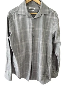 Calvin Klein Men’s Slim Fit Gray Plaid Button Up Shirt 16.5 34/35 Cotton - Picture 1 of 4