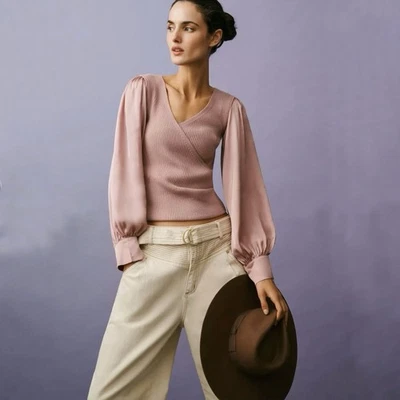 Suéter Por Anthropologie Twofer Imitación Envoltura SBallet Coqueta Romántico Malva XS Foto 1 de 4