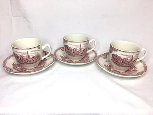 3 Johnson Brothers OLD BRITAIN CASTLES Red Pink Porcelain Cup & Saucer Set Mint - Picture 1 of 13