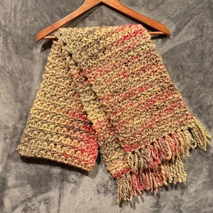 Beige Red Scarf 68x9 Handmade Crochet Hand Knit Chunky Men Women Fringe - Picture 1 of 7