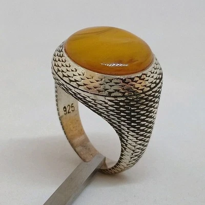 Elegant Sterling Silver 925 Butterscotch Egg Yolk AMBER Damari Men's Ring Sz 8.5 - Image 1 of 4