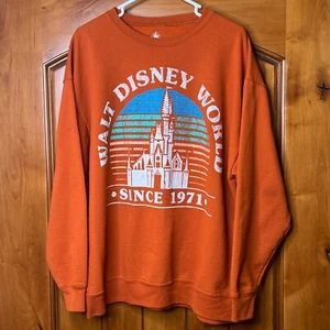 Disney Sweatshirt Orange XL Crewneck Retro Castle Scene Since 1971 EXCELLENT! - Picture 1 of 8