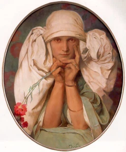 Oil painting lady woman with white scarf Alphonse-Maria-Mucha-Jaroslava canvas - Picture 1 of 1