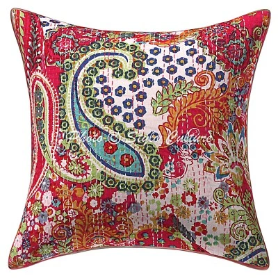 Pillow Cover Handcrafted Bohemian Kantha Decor Car Sofa Cushion Case 16 x 16 in - Image 1 of 4