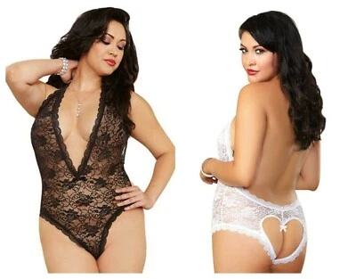 LACE HALTER TEDDY PLUNGING FRONT NECKLINE & CUTOUT HEART DETAIL BACK Plus Size - Image 1 of 3