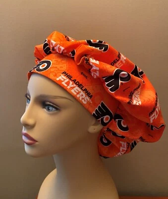 Bouffant or surgical scrub cap hat women made with Philadelphia Flyers Fabric - Image 1 of 4
