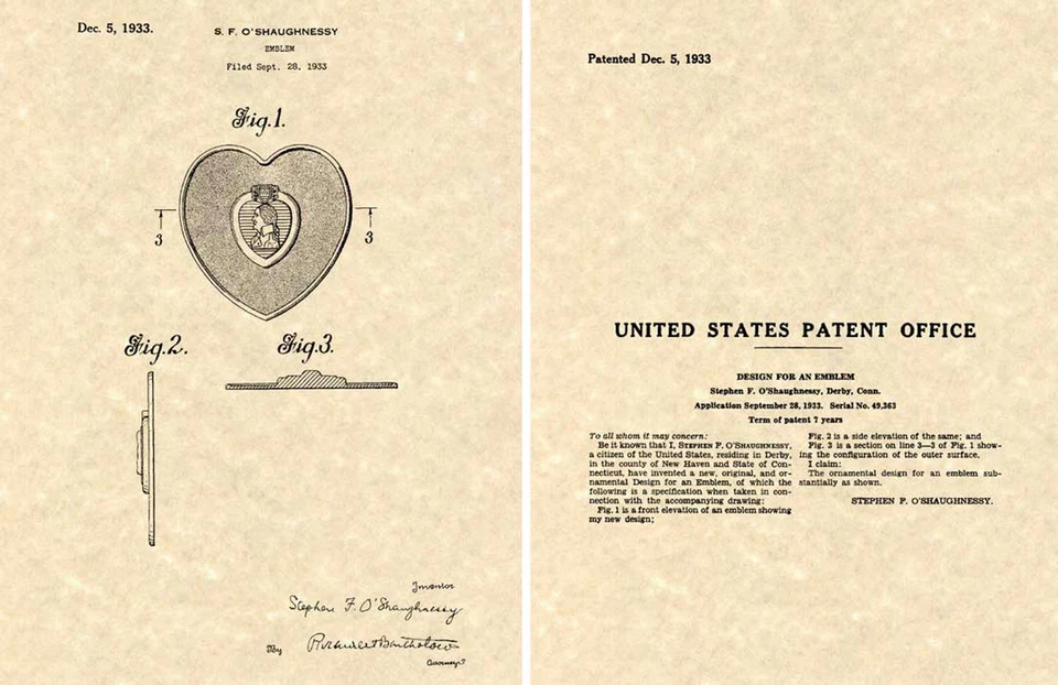 Impresión artística de patente de corazón púrpura de EE. UU. ¡¡¡LISTA PARA ENMARCAR!!! Pin medalla 1933 valor premio Foto 1 de 1