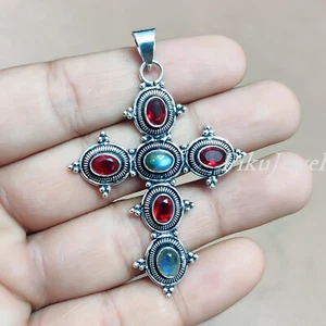 Labradorit mit Granat Edelstein 925 Sterling Silber Kreuz Anhänger Herrenschmuck - Bild 1 von 9