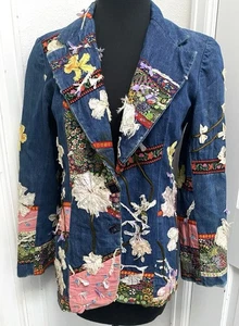 Vintage Above The Crowd Embroidered Denim Floral Jacket Art To Wear - Picture 1 of 20