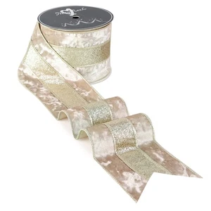 Champagne Crushed Velvet Wired Ribbon 4 Inch Extra Wide Christmas Ribbon with... - Foto 1 di 9