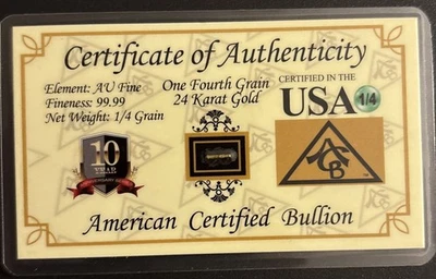 ORO ACB 1/4.GRANO 24K LINGOTES SÓLIDOS BARRA ACUÑADA 9999 CERTIFICADO FINO/AUTENTICIDAD Foto 1 de 2