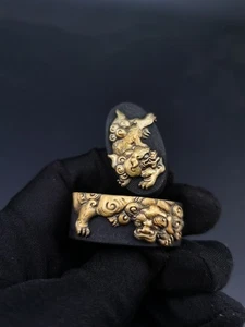 Japanischer Typ große Größe Gold Löwe Hund Muster Fuchi & Kashira für Wakziashi, Y154 - Bild 1 von 15