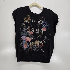 Pilcro Anthropologie Muscle Sweatshirt Size L Relaxed Black Floral Endless Heart - Picture 1 of 13
