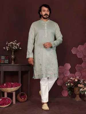 Cotton Mens Kurta Pajama Set Readymade Raymond Indian Ethnic Wear Festive Party - Image 1 of 4