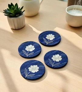 4" Handcrafted Lapis Lazuli Coasters Blue Crystal Stone Drinkware Set For Gift - Picture 1 of 9