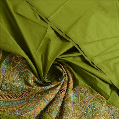 Sanskriti Vintage Green Dupatta Stole Pure Silk Hand Beaded Sequin Party Scarves - Image 1 of 4