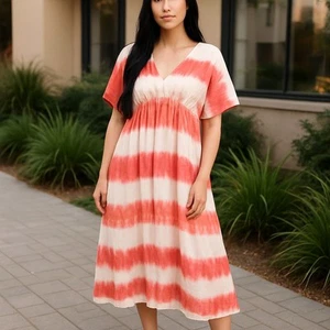 Knox Rose XS Koralle Leinen Kaftan Kleid Boho Batik V-Ausschnitt Midi Festival Coastal - Bild 1 von 11