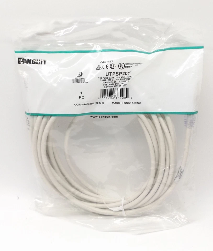 Panduit UTPSP20Y TX6 CAT6 Patch Cord RJ-45 Male Net Work, Off White 20FT - Image 1 of 1