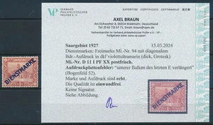 Saargebiet 1 Fr Dienst 1922** Aufdruckfehler Michel 11 I PF XX Befund (S25370) - Bild 1 von 1
