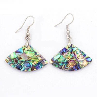 New Fan Shape Charm Color Natural Abalone Shell Women Dangle Silver Earrings - Image 1 of 4