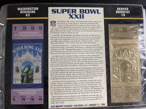 NFL Gold Super Bowl Ticket Willabee Ward 22KT #22 Red Skins v Broncos FREE SHIP Cover