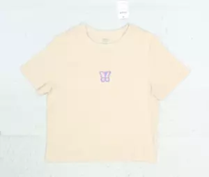 Cotton:On Fitted Longline Rib Graphic Butterfly Tan Short Sleeve T-Shirt Girls M - Picture 1 of 11