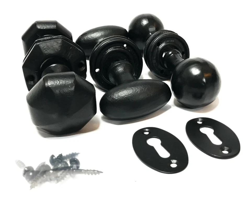 Cast Iron Door Knobs Black Oval Round Octagonal Antique Tudor Rim Or Mortice - Image 1 of 4