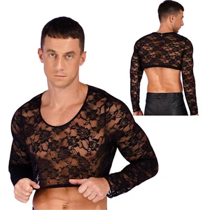 #L Mens See Through Floral Lace Crop Top Sissy Scoop Neck Long Sleeves T-shirt - Picture 1 of 12