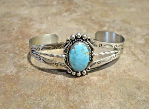 FINE Old 1950's / 60's Navajo Sterling Silver Turquoise ARROW CLOUD Bracelet - Picture 1 of 13
