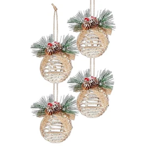 Set of 4 Handwoven Holiday Ornaments Pinecone and Berry Design Christmas Balls - Picture 1 of 8